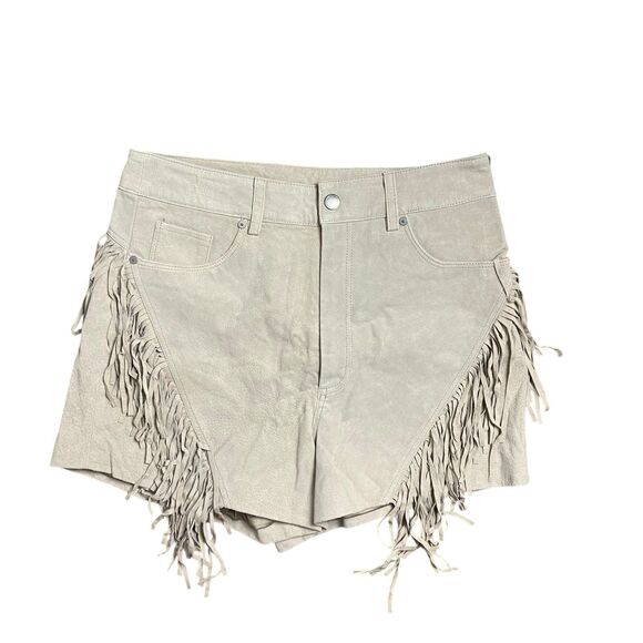 Leather Fringe Shorts 31/L Beige 100% Suede Boho Neutral Western Fall - Picture 2 of 6